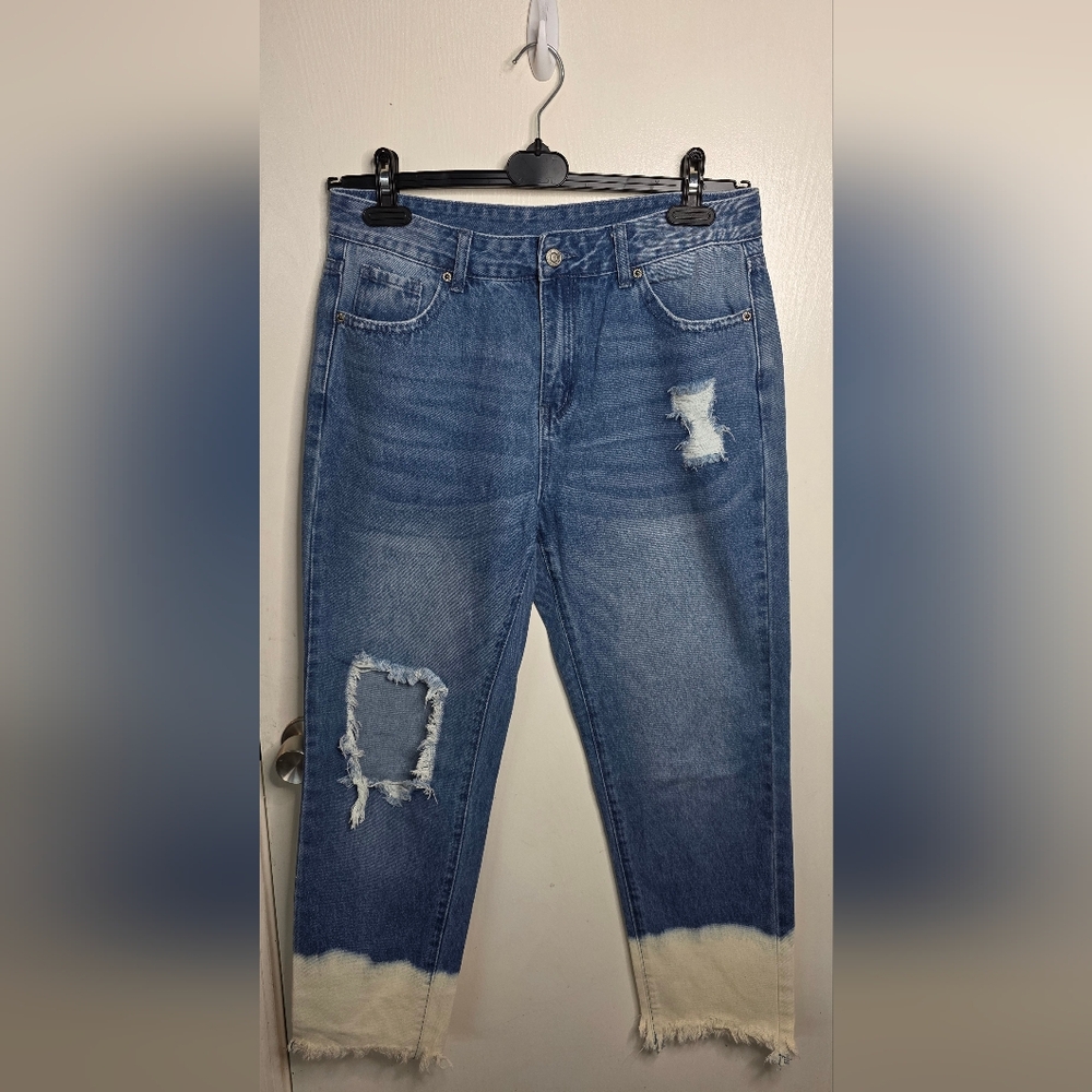 *3 For $12* Classic Blue Relaxed Fit Ankle Jeans Dip Dye & Distressed Details